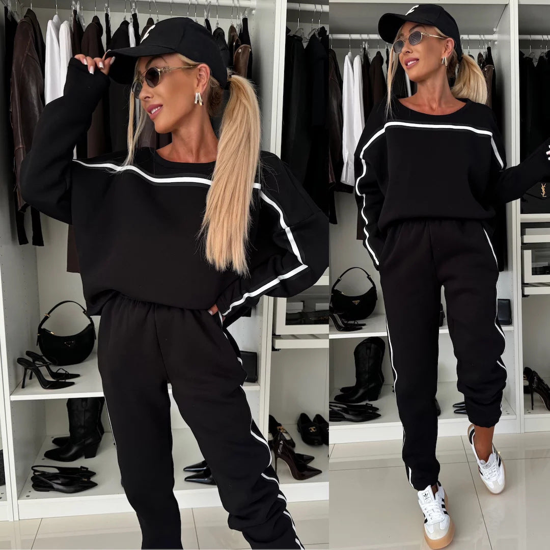 Damen sportives Lounge-Set mit gestreiften Seitenstreifen, oversized Sweatshirt und elastischer Jogginghose EB