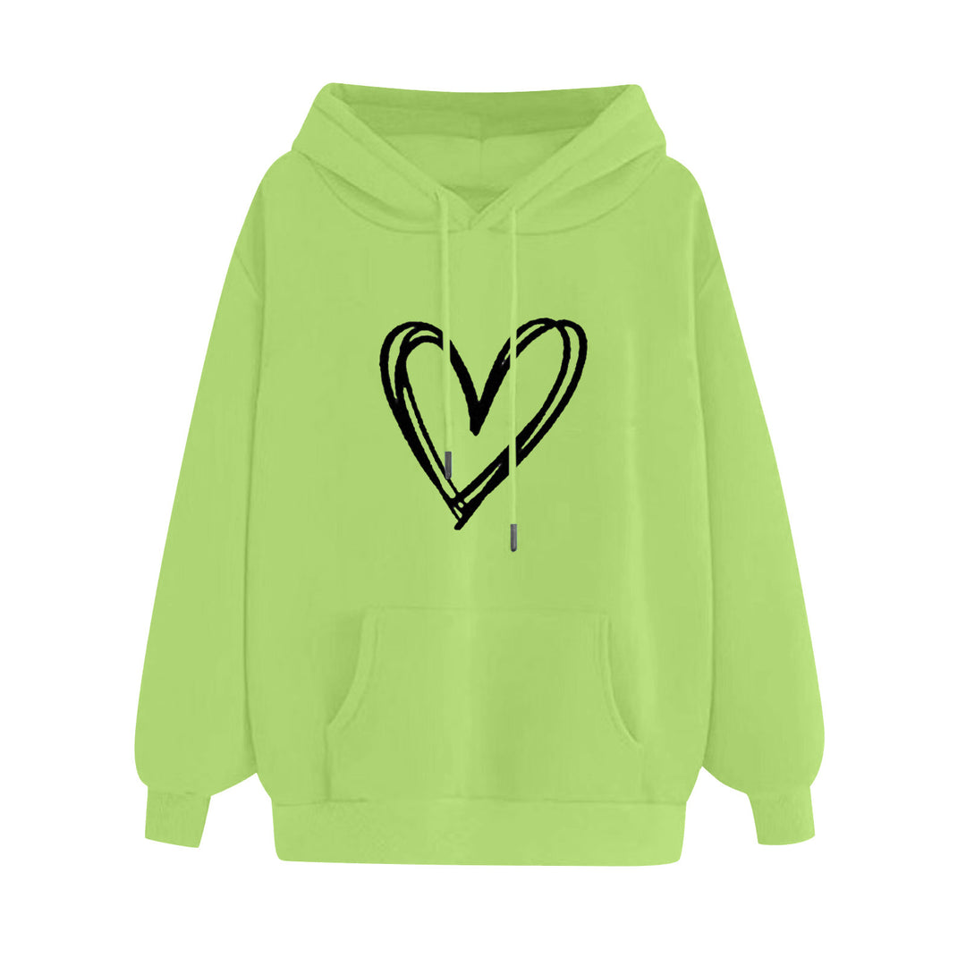 Damen nan oversized Kapuzenpullover mit handgezeichnetem Herzprint, Kängurutasche und weichem Fleece-Innenfutter EB