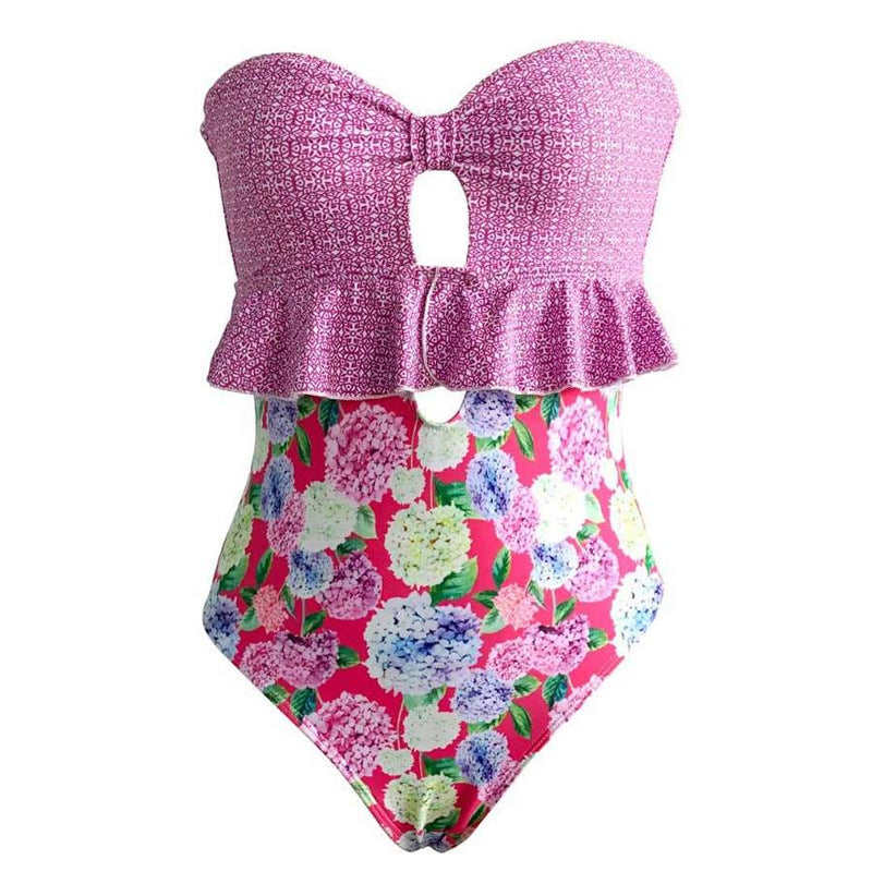 Damen Einteiler Badeanzug mit Rüschen und floralem Design EB