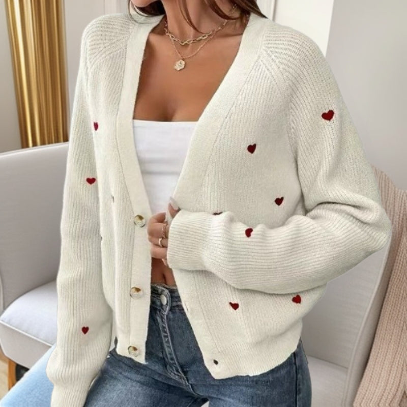 Damen Strickjacke mit Herzchen-Applikationen und lässigem Schnitt EB