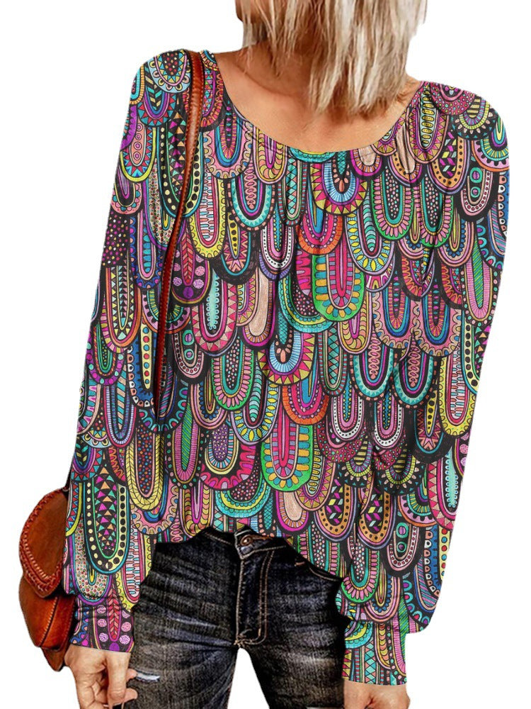 Damen Ethno-Print Oversize-Tunika mit Rundhalsausschnitt und langen Ballonärmeln EB