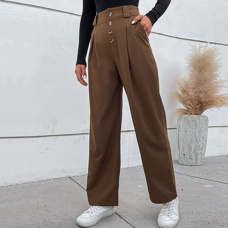 Damen weite Stoffhose mit dekorativen Knopfdetails und Faltenwurf EB