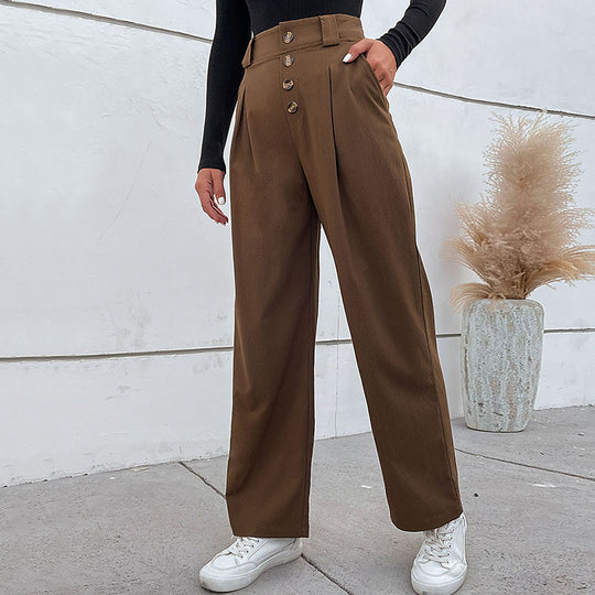 Damen weite Stoffhose mit dekorativen Knopfdetails und Faltenwurf EB
