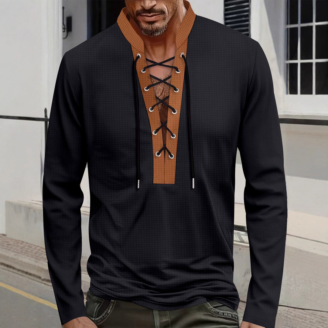 Herren modisches Langarmshirt mit einzigartigem Schnürdesign und ansprechendem Kragen EB