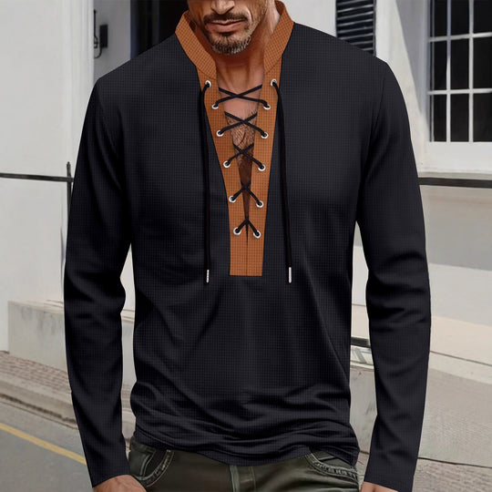 Herren modisches Langarmshirt mit einzigartigem Schnürdesign und ansprechendem Kragen EB