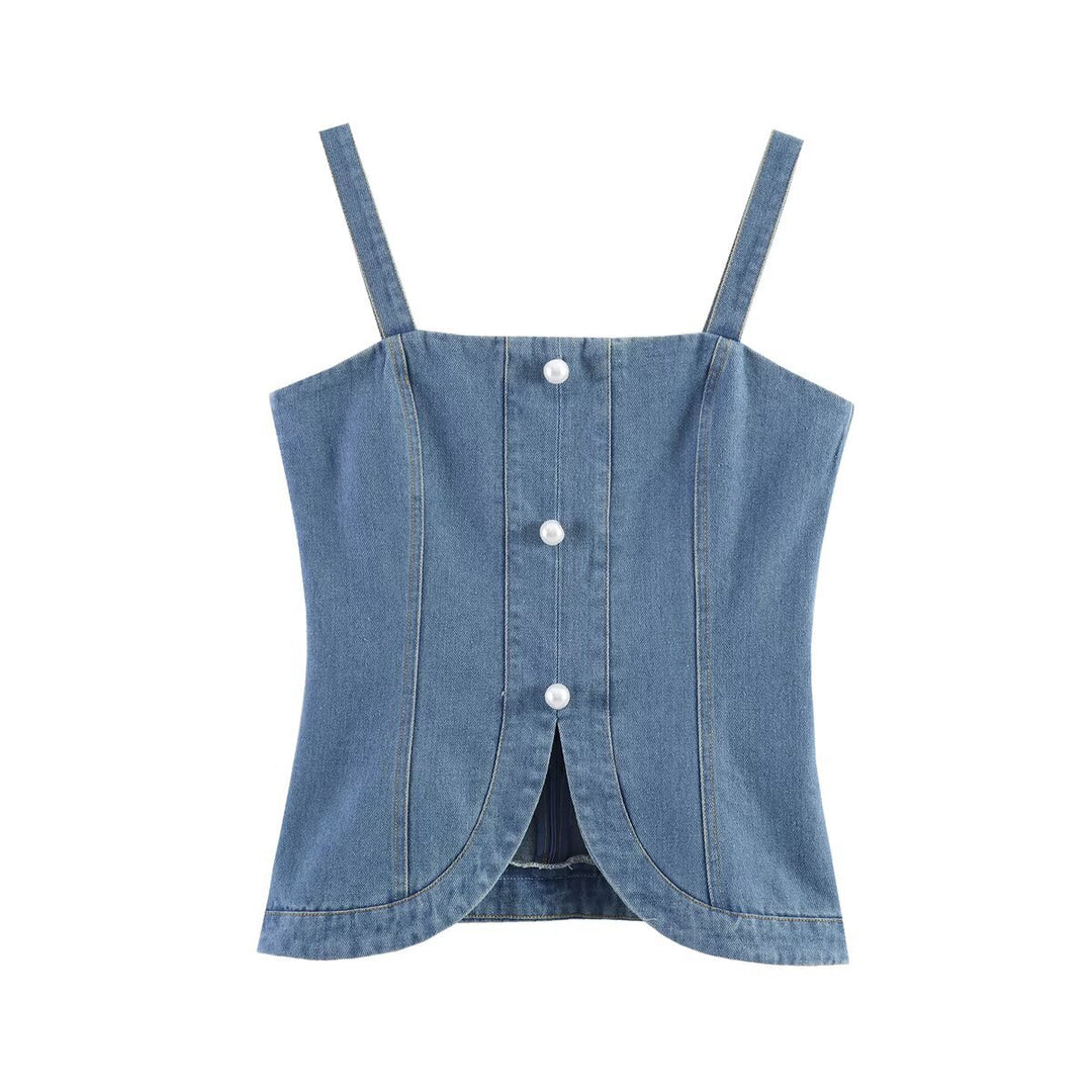 Damen Denim-Cami mit tailliertem Schnitt und dekorativen Knöpfen EB