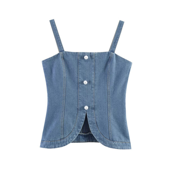 Damen Denim-Cami mit tailliertem Schnitt und dekorativen Knöpfen EB