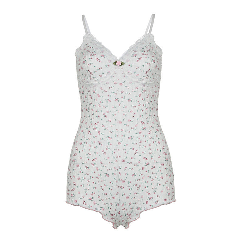 Damen Nachtwäsche Bodysuit mit floralem Druck und zarten Spitzenakzenten EB