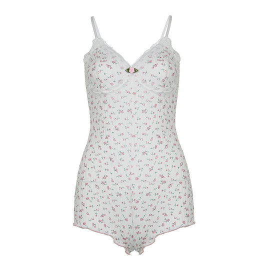 Damen Nachtwäsche Bodysuit mit floralem Druck und zarten Spitzenakzenten EB