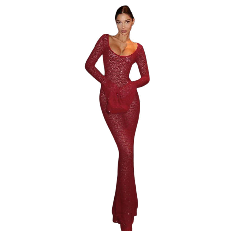 Damen Strickmaxikleid mit langen Ärmeln und großflächigem Häkelmuster EB