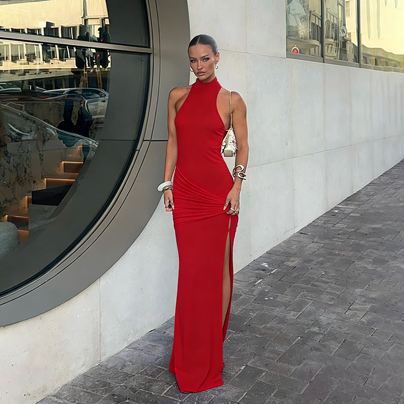 Damen Elegantes Maxikleid mit hohem Stehkragen und seitlichem Schlitz EB