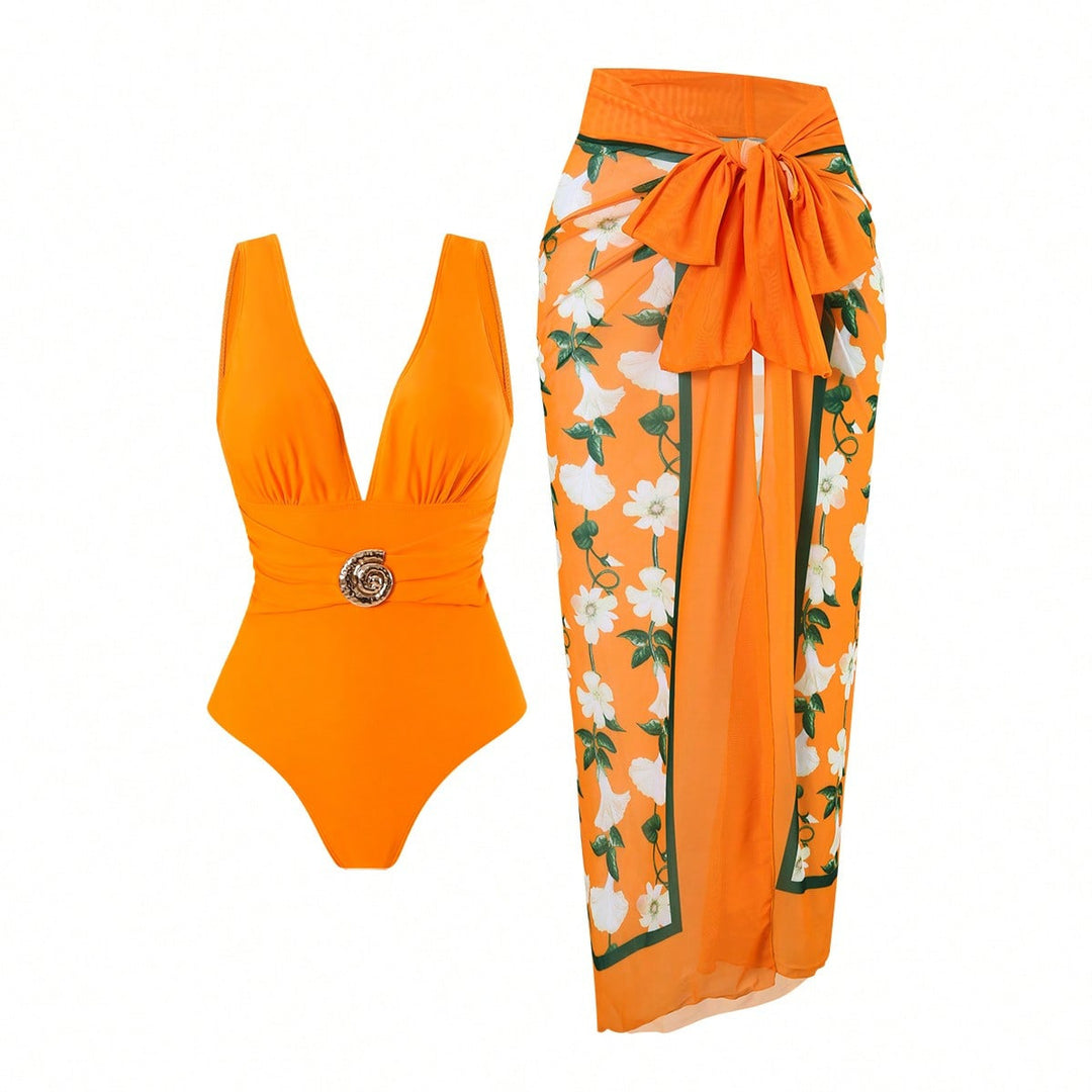 Damen Badeanzug mit femininem Wickelrock und elegantem Schmuckdetail EB