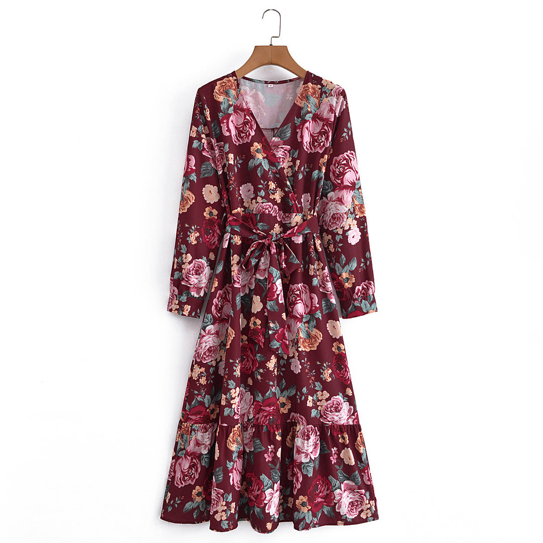 Damen Wickel-Maxikleid mit V-Ausschnitt, Taillengürtel und Stufensaum EB