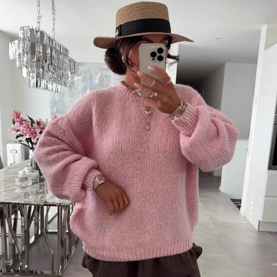 Damen Strickpullover mit voluminösen Ärmeln und feiner Struktur EB