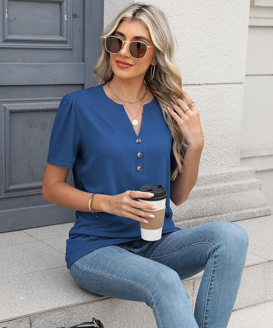Damen modisches T-Shirt mit Knopfdetail und kurzen Ärmeln EB