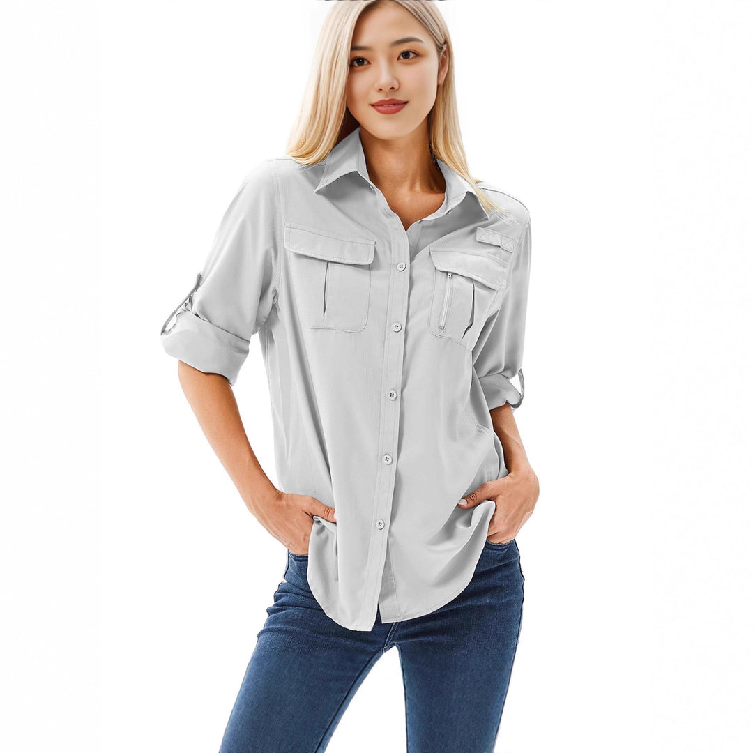 Damen lässige Bluse mit praktischen Taschen und umschlagbaren Ärmeln EB