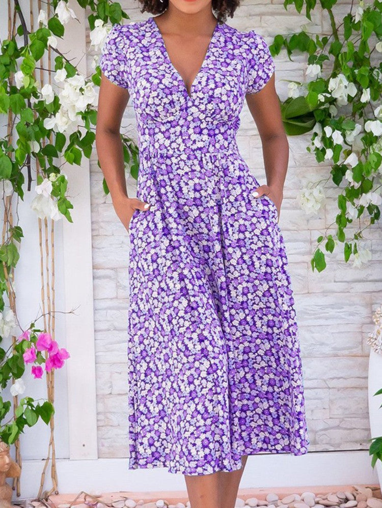 Damen Maxi-Kleid mit floralen Mustern und Taschen EB
