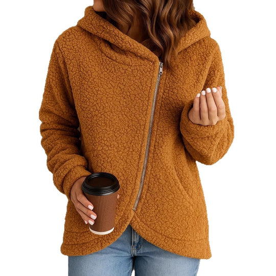 Damen Flauschige Kapuzenjacke mit asymmetrischem Reißverschluss EB