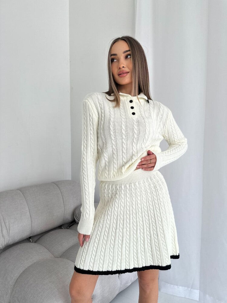 Damen nan Kabelstrick-Set mit Polo-Kragen und ausgestelltem A-Linien-Rock EB