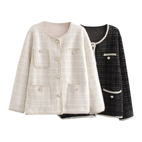 Damen Strukturierte Bouclé-Jacke mit dekorativen Perlen und Taschen EB