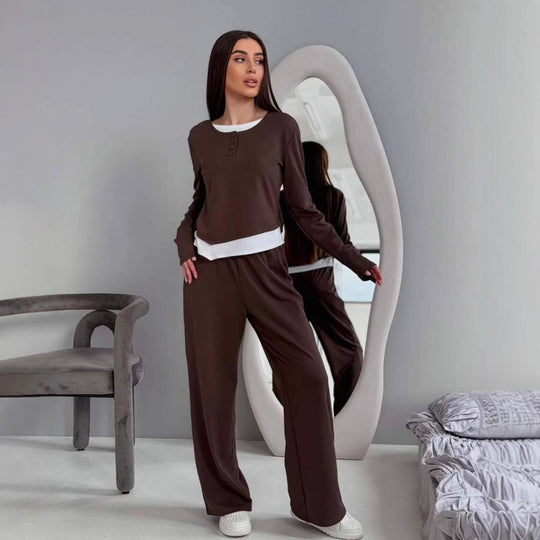 Damen Loungewear-Set aus weichem Modal mit Henley-Knopfleiste und weitem High‑Waist Loungehose EB