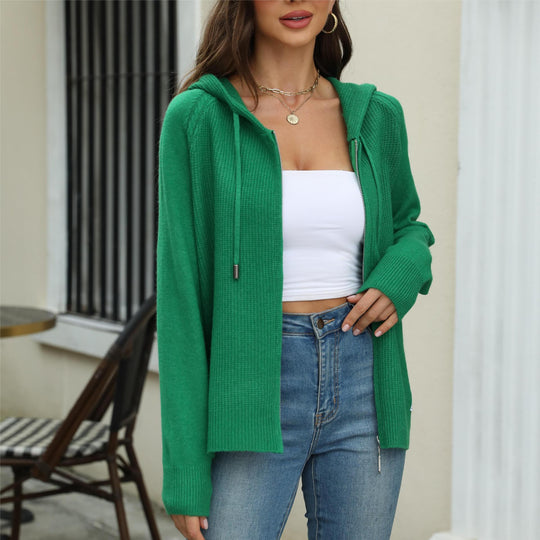 Damen legerer Strickcardigan mit Kapuze und Reißverschluss EB