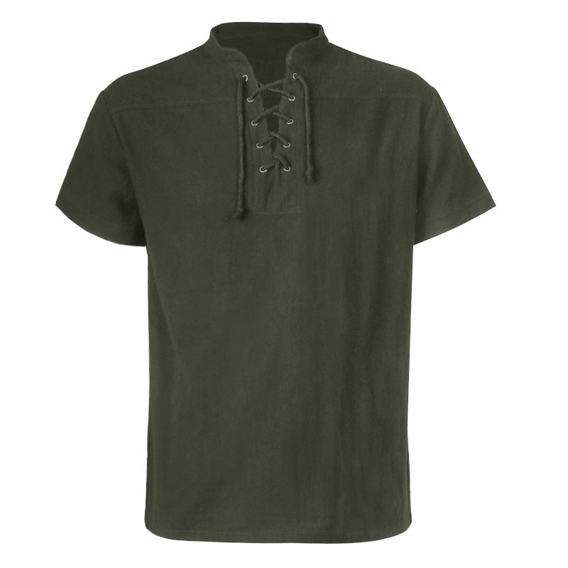 Herren nan lässiges Kurzarmshirt mit geschnürter V-Kehle, kurzem Stehkragen und weichem Baumwollmix Eb
