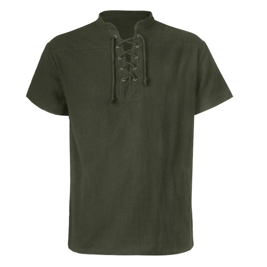 Herren nan lässiges Kurzarmshirt mit geschnürter V-Kehle, kurzem Stehkragen und weichem Baumwollmix Eb