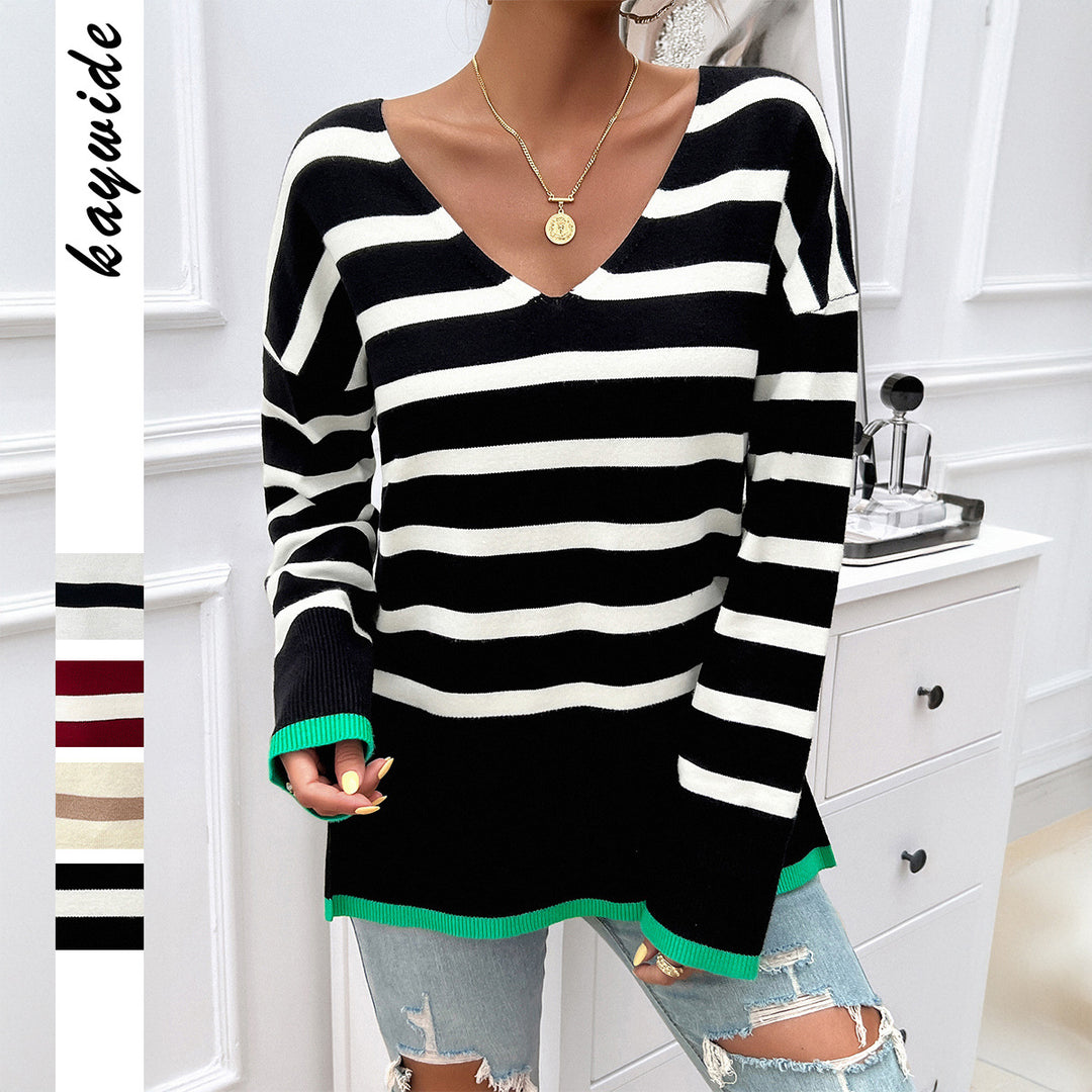 Damen nan gestreifter V‑Neck Feinstrickpullover mit verlängertem Tunika‑Schnitt und geripptem Saum EB