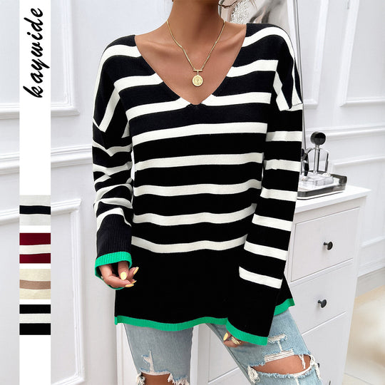 Damen nan gestreifter V‑Neck Feinstrickpullover mit verlängertem Tunika‑Schnitt und geripptem Saum EB