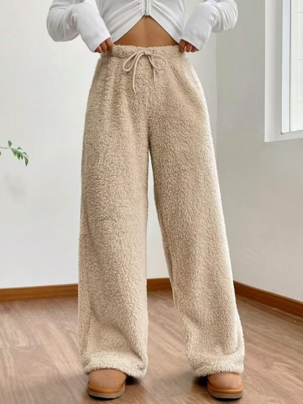 Damen nan hochtaillierte Teddyfleece-Loungehose mit weitem Bein, Kordelzug und seitlichen Eingrifftaschen EB