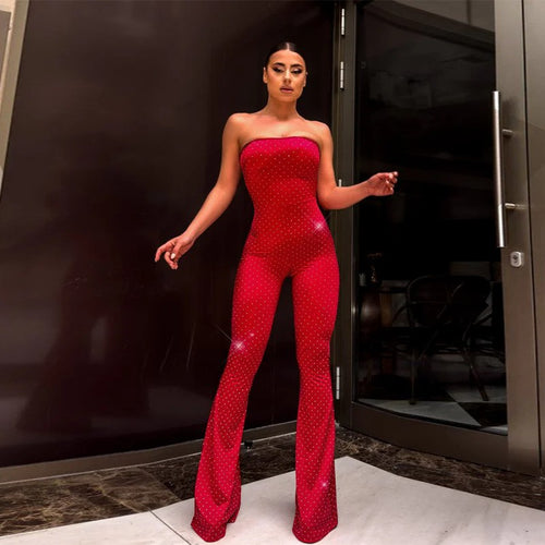 Damen schulterfreier Jumpsuit mit eleganten Pailletten und Schuhschnallen EB