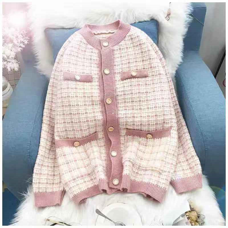 Damen Strickjacke mit Modischem Karomuster und Knopfdetails EB
