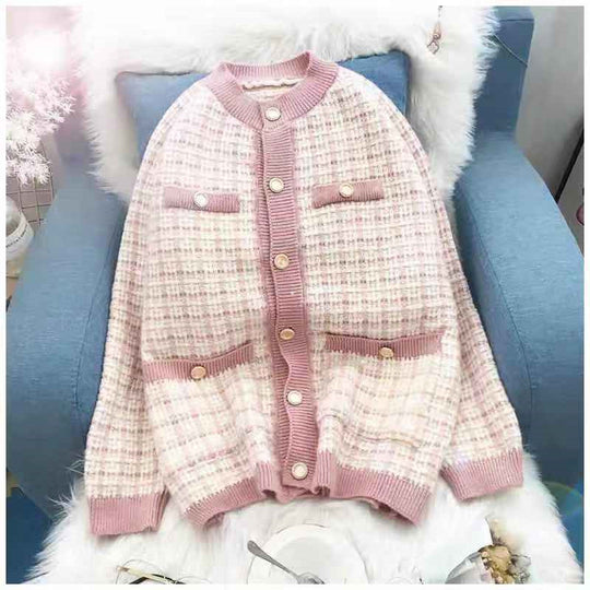 Damen Strickjacke mit Modischem Karomuster und Knopfdetails EB