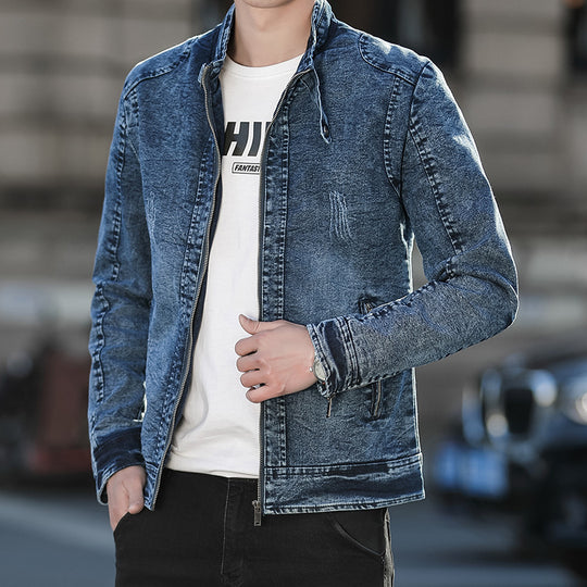 Herren Jeansjacke im Vintage-Washed Slim-Fit mit Stehkragen und Reißverschluss EB