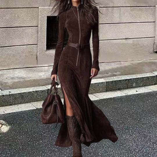 Damen Langarm Kleid mit Reißverschluss und seitlichen Schlitzen EB