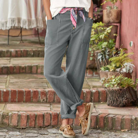 Damen nan Leinen-Baumwoll-Loungehose mit weitem Schnitt, hoher Bund und aufgesetzten Taschen EB