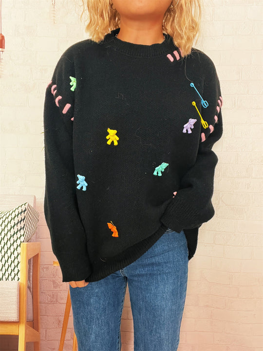 Damen Pullover mit verspieltem Bären-Motiv und dekorativen Applikationen EB