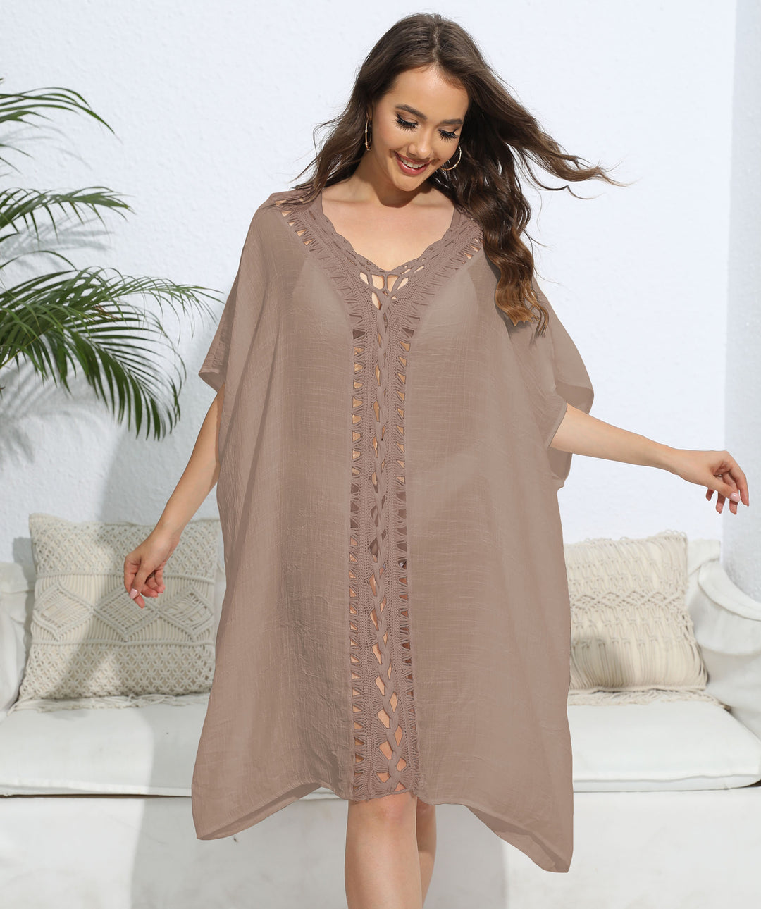 Damen luftiger Kaftan mit filigranem Häkelmuster EB