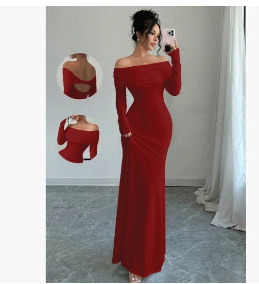 Damen Elegantes Off-Shoulder-Maxikleid mit figurbetontem Schnitt und langen Ärmeln EB