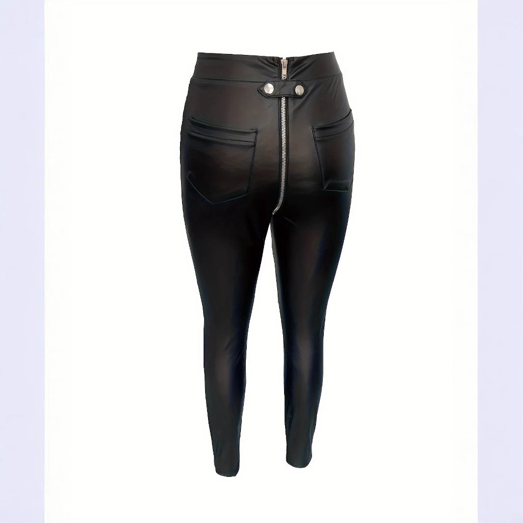 Damen Modische Kunstlederleggings mit Reißverschluss und Taillierung EB