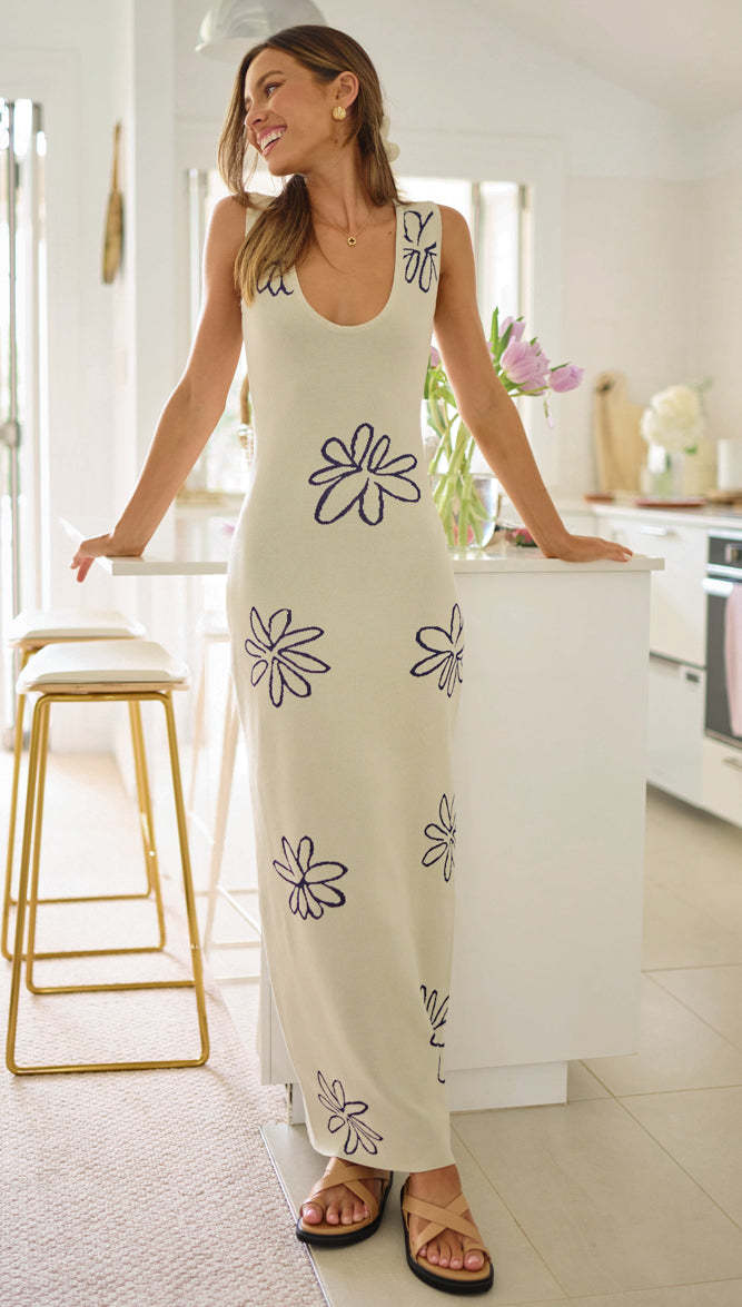 Damen figurbetontes Maxikleid mit floralem Muster und tiefem V-Ausschnitt EB