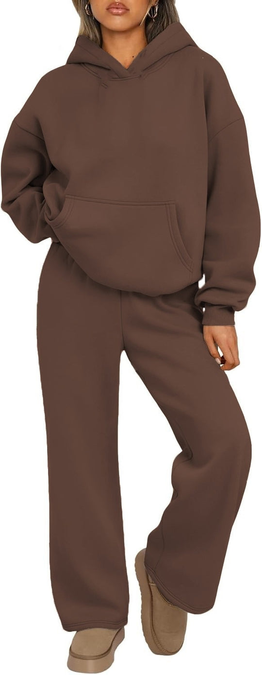 Damen nan Cozy-Loungewear-Set mit oversized Kapuzenpullover, Kängurutasche und weiten Palazzo-Jogginghose EB