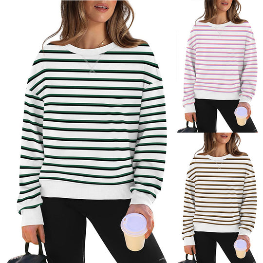 Damen lässiger Sweatshirt mit modernem Streifenmuster und Rundhalsausschnitt EB