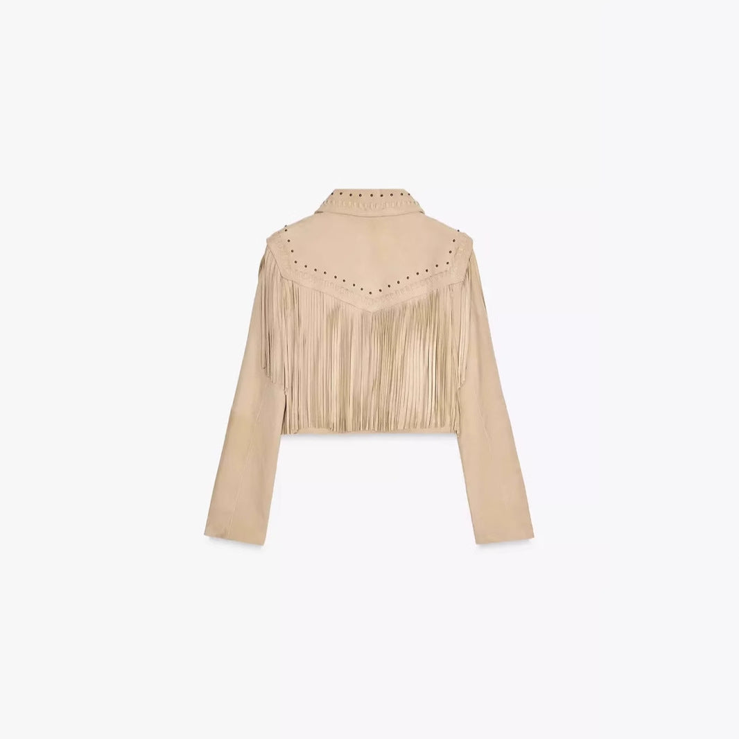 Damen modische Fransenjacke mit steinverziertem Kragen EB