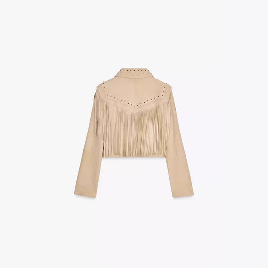 Damen modische Fransenjacke mit steinverziertem Kragen EB