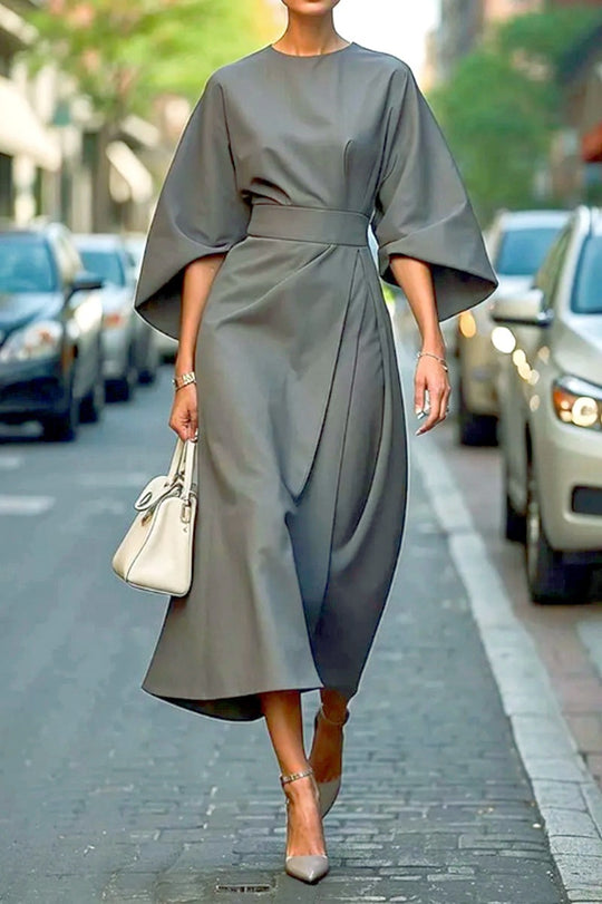 Damen Maxi-Kleid mit voluminösen Ärmeln und elegantem Gürtel EB