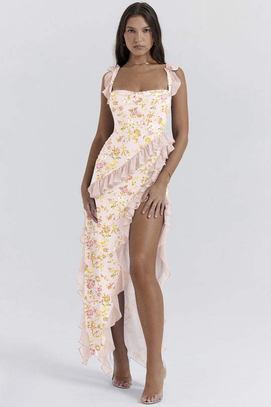 Damen Maxi-Kleid mit Rüschendetails und floralem Design EB