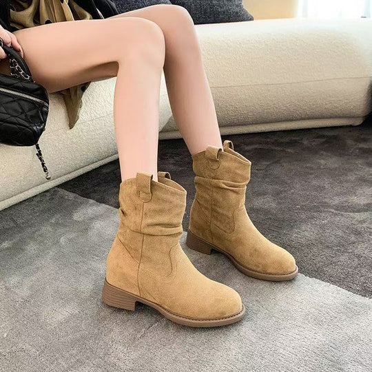 Damen Modische Stiefeletten mit lässigem Falten-Design und bequemem Blockabsatz EB