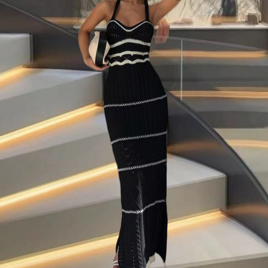 Damen Strick-Maxikleid mit raffinierten Häkelmustern und seitlichem Schlitz EB